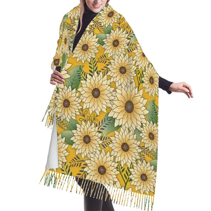 Fringed Scarf | Bold Floral Design Yellow Sunny Sunflower Garden