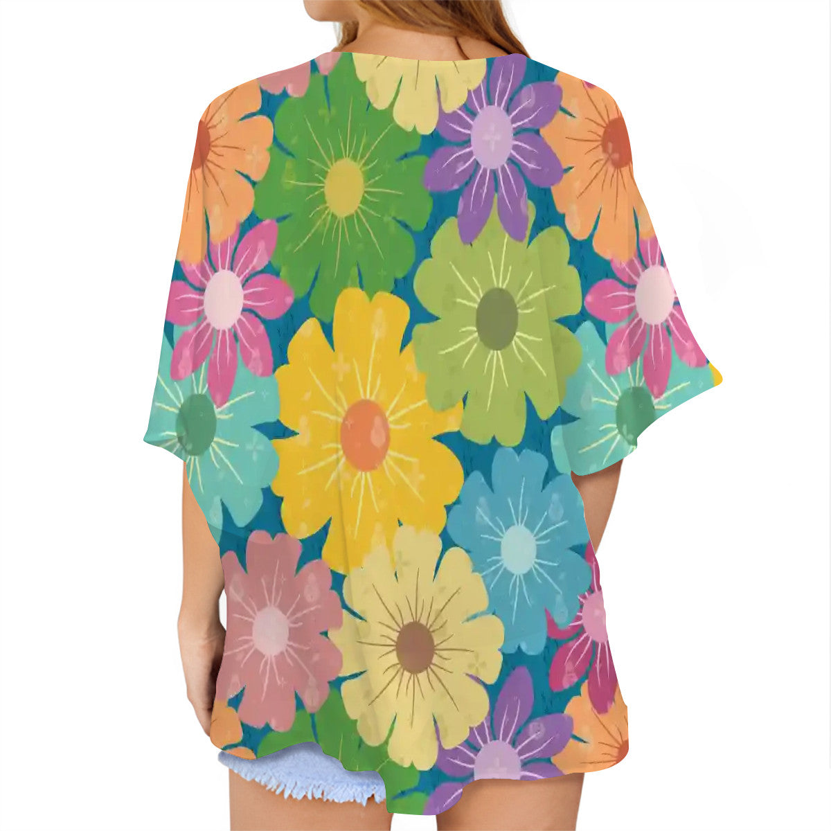 Women's Chiffon Blouse Cardigan | Vibrant Daisy Floral Block Prints Design