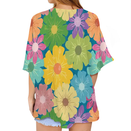 Women's Chiffon Blouse Cardigan | Vibrant Daisy Floral Block Prints Design