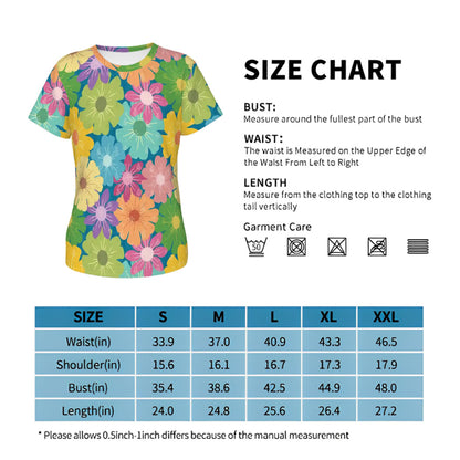 Women's Short Sleeves T-Shirt | Vibrant Daisy Floral Block Prints Design