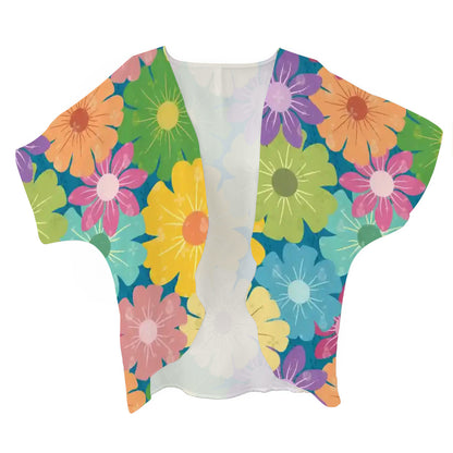 Women's Chiffon Blouse Cardigan | Vibrant Daisy Floral Block Prints Design