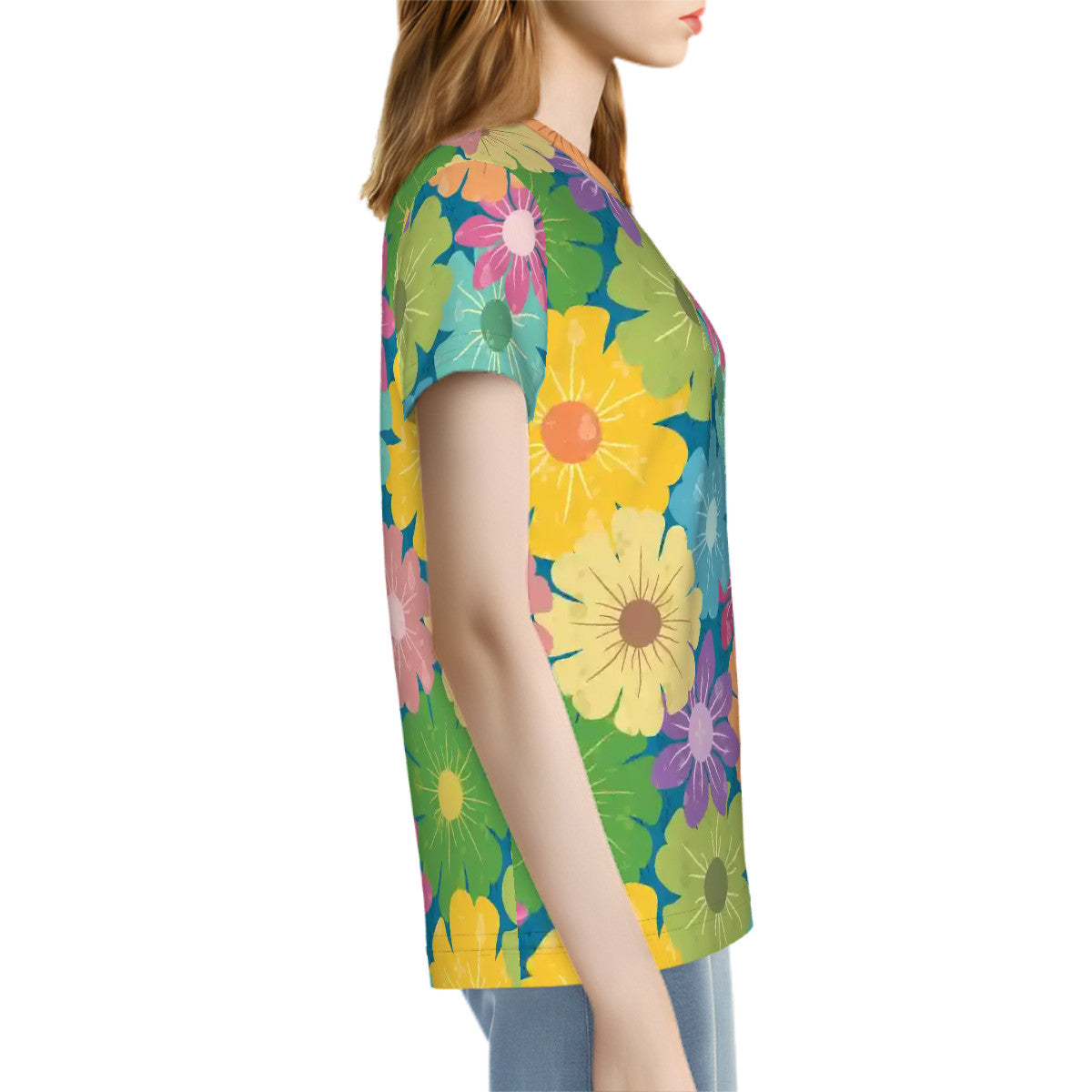 Women's Short Sleeves T-Shirt | Vibrant Daisy Floral Block Prints Design
