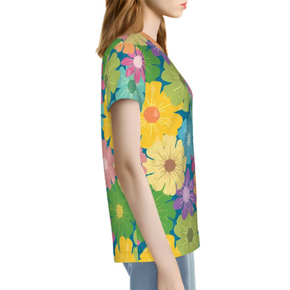 Women's Short Sleeves T-Shirt | Vibrant Daisy Floral Block Prints Design