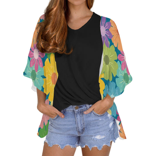 Women's Chiffon Blouse Cardigan | Vibrant Daisy Floral Block Prints Design
