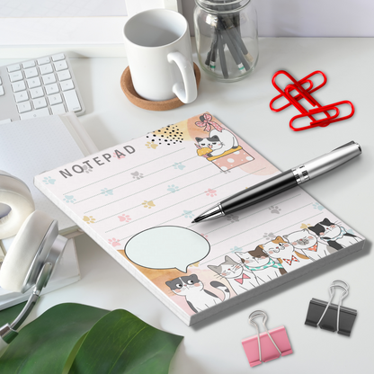 Notepad (Small) | Cute Cats Kitten with Paw Print Pink Background