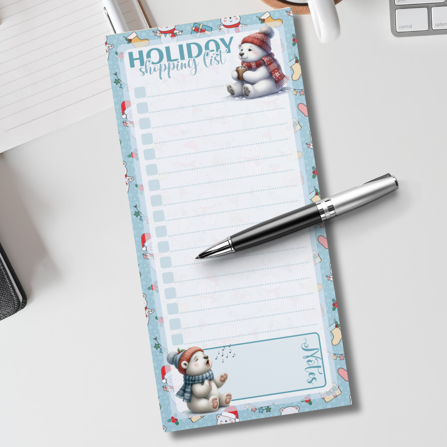 Magnetic Notepad | Holiday Shopping List Christmas Bears Blue