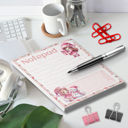 Notepad (Small) | Pink Christmas Girls Snowman Winter Party