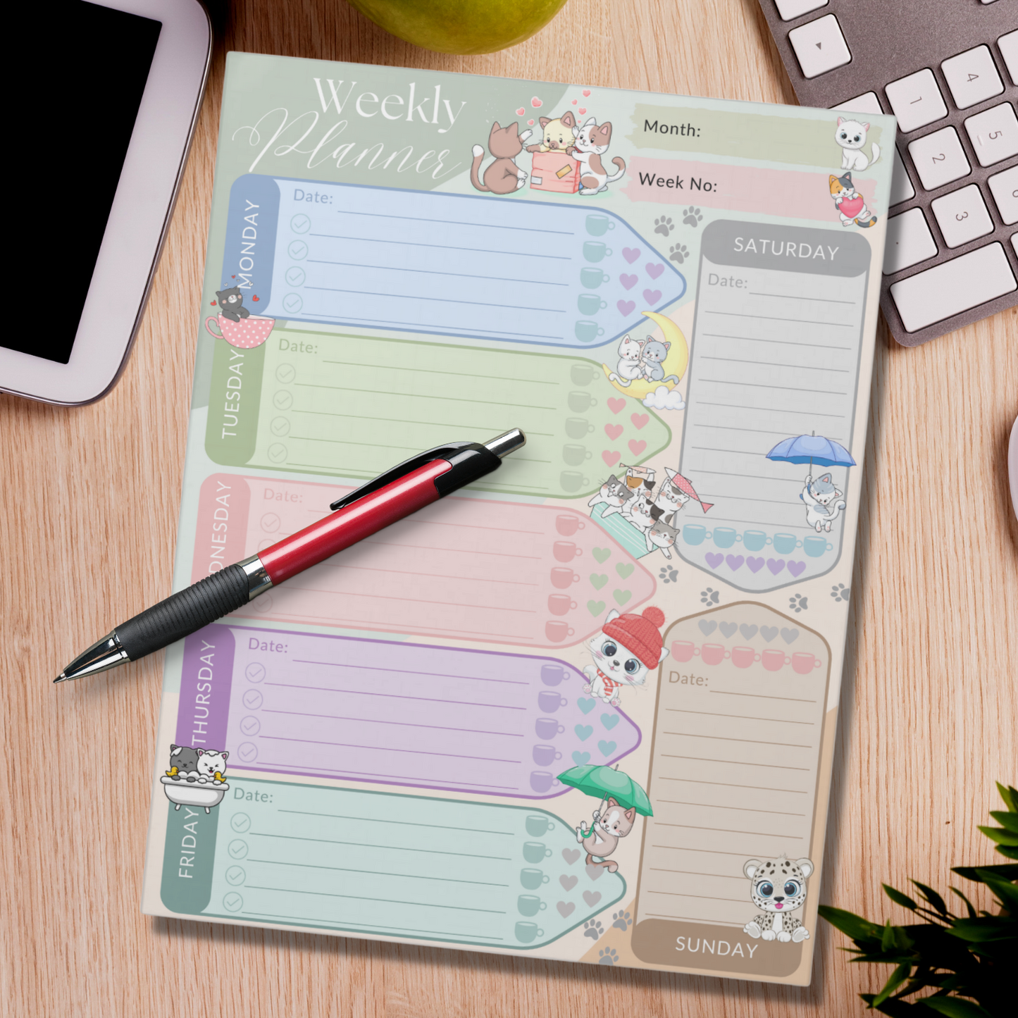 Notepad (Large) | Weekly Planner Cute Cat Kitten Multicolored