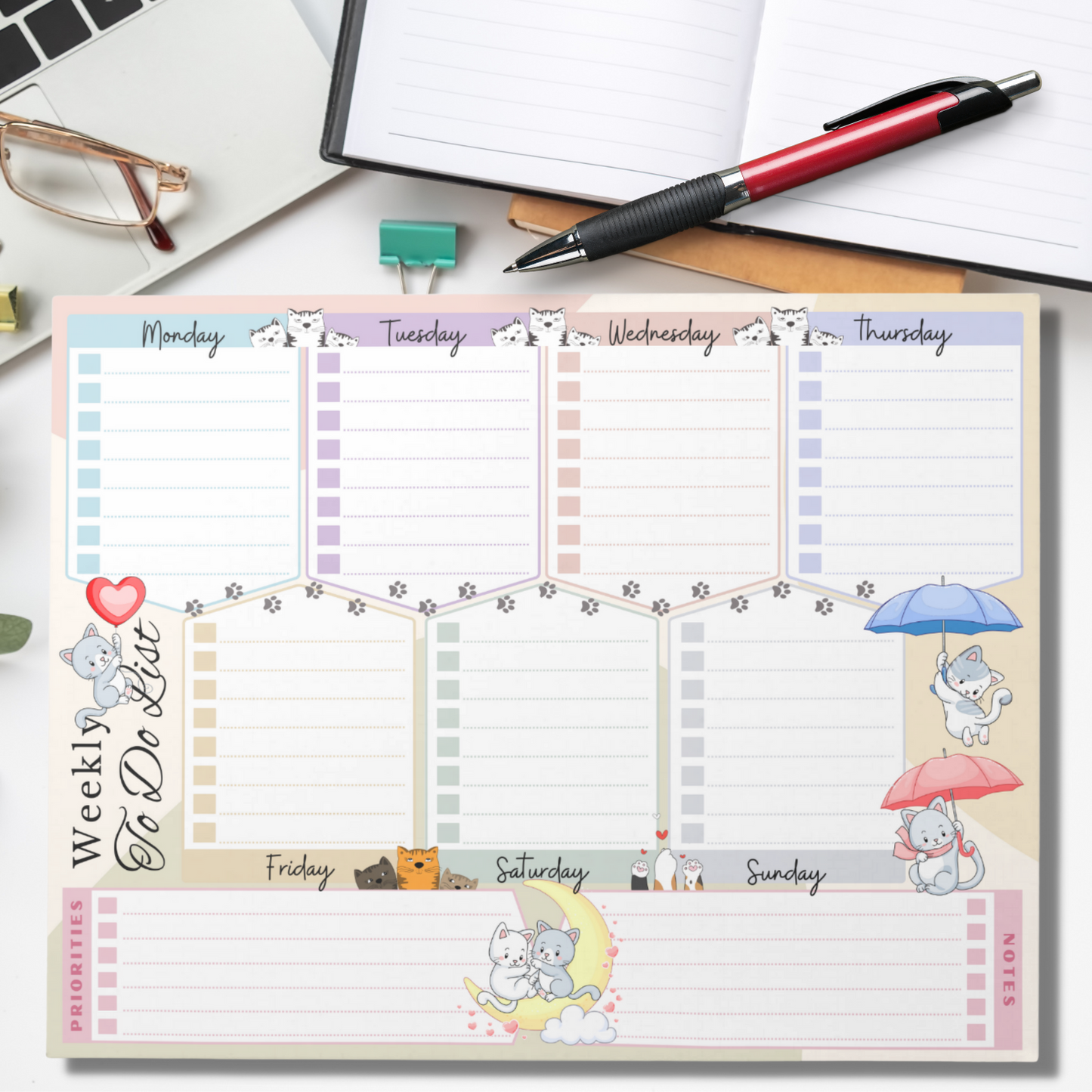 Notepad (Large) | Weekly To Do List Cat Balloon Umbrella Multicolored