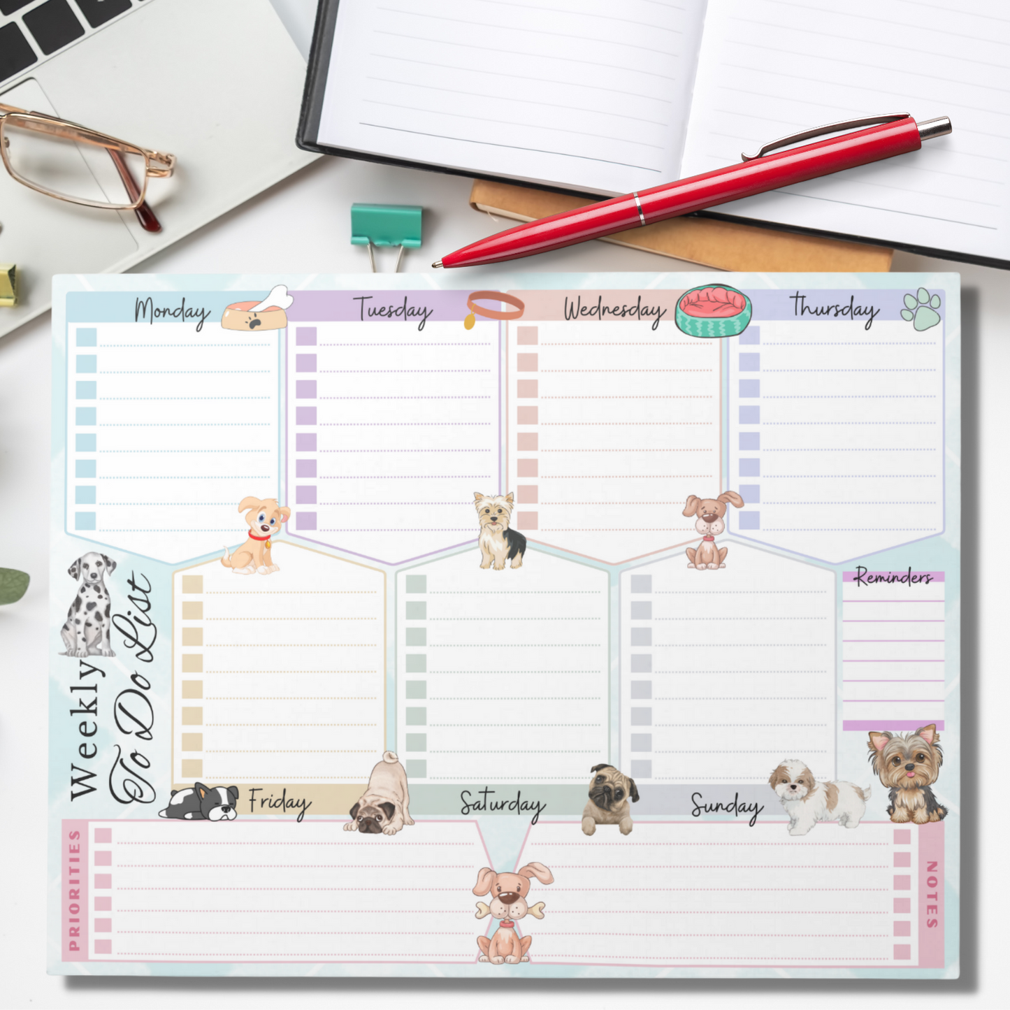 Notepad (Large) | Weekly To Do List Cute Dogs Multicolored