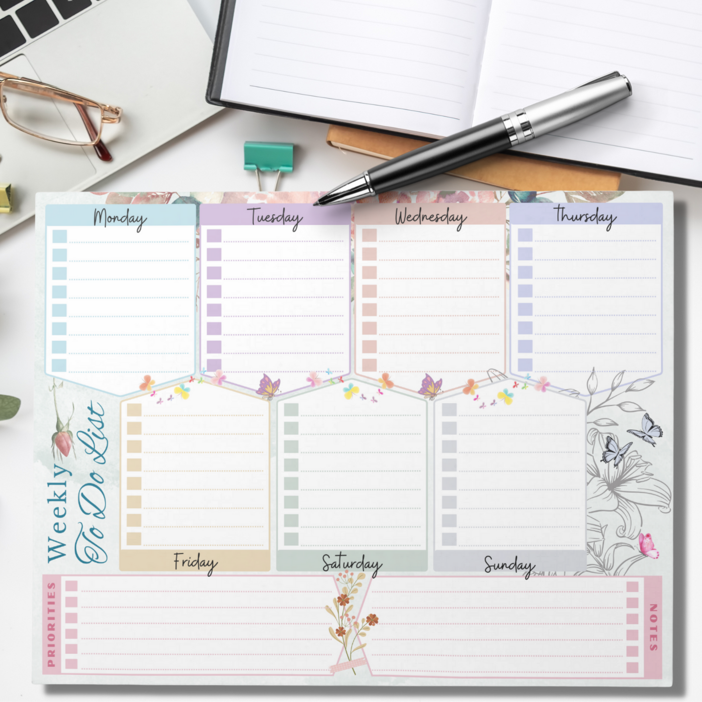 Notepad (Large) | Weekly To Do List Flower Butterfly Themed