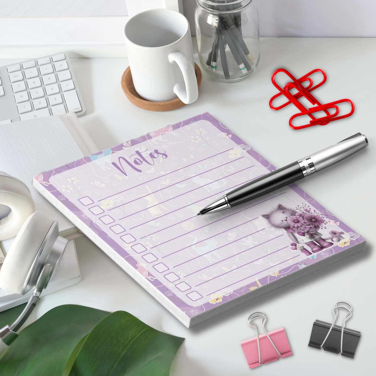 Notepad (Small) | Whimsical Purple Cats Floral Garden Notes