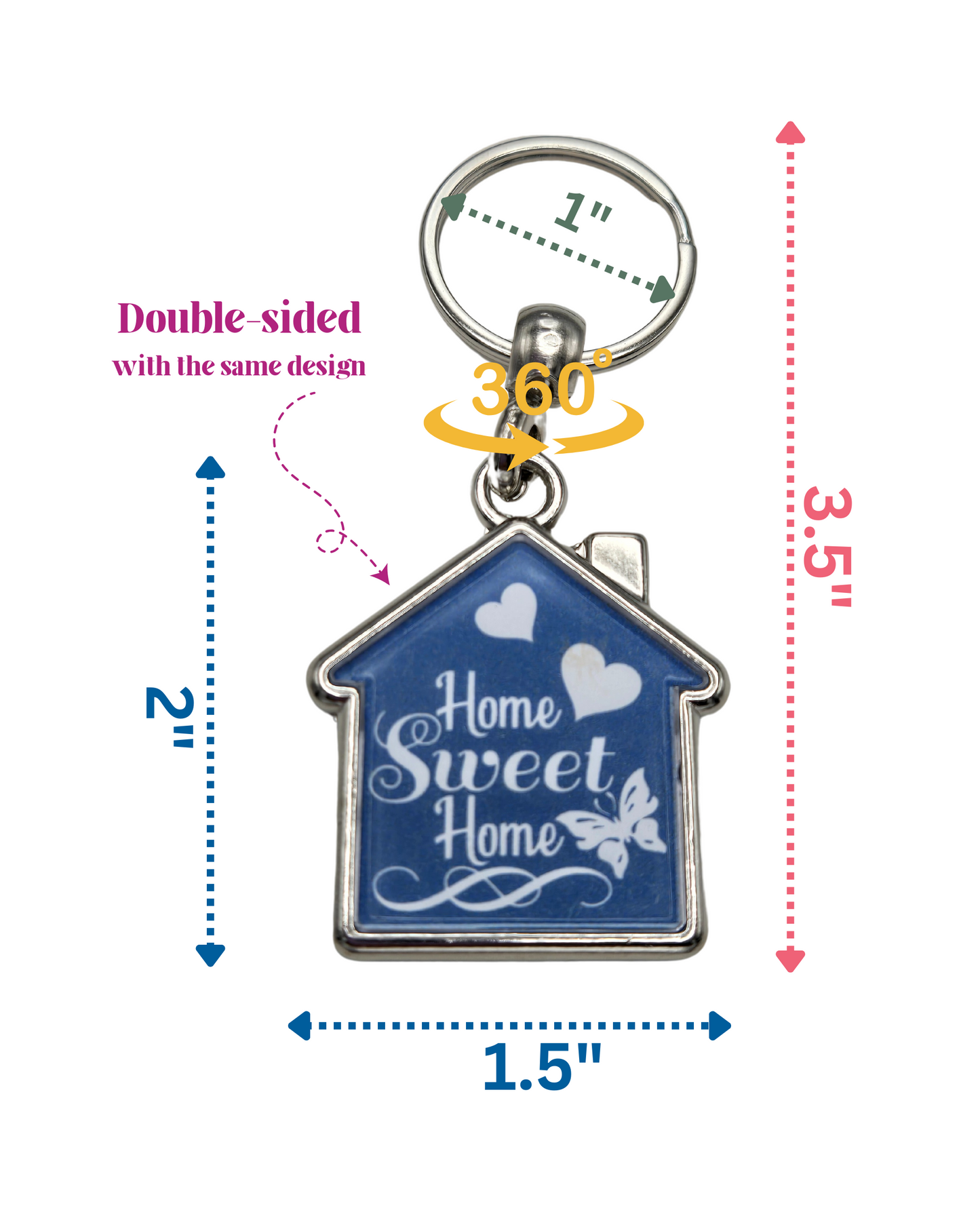 House-Shaped Keychain - Home Sweet Home Designs, Double-Sided Heavy Metal Keyring 360° Rotation, Gift for Home Lovers