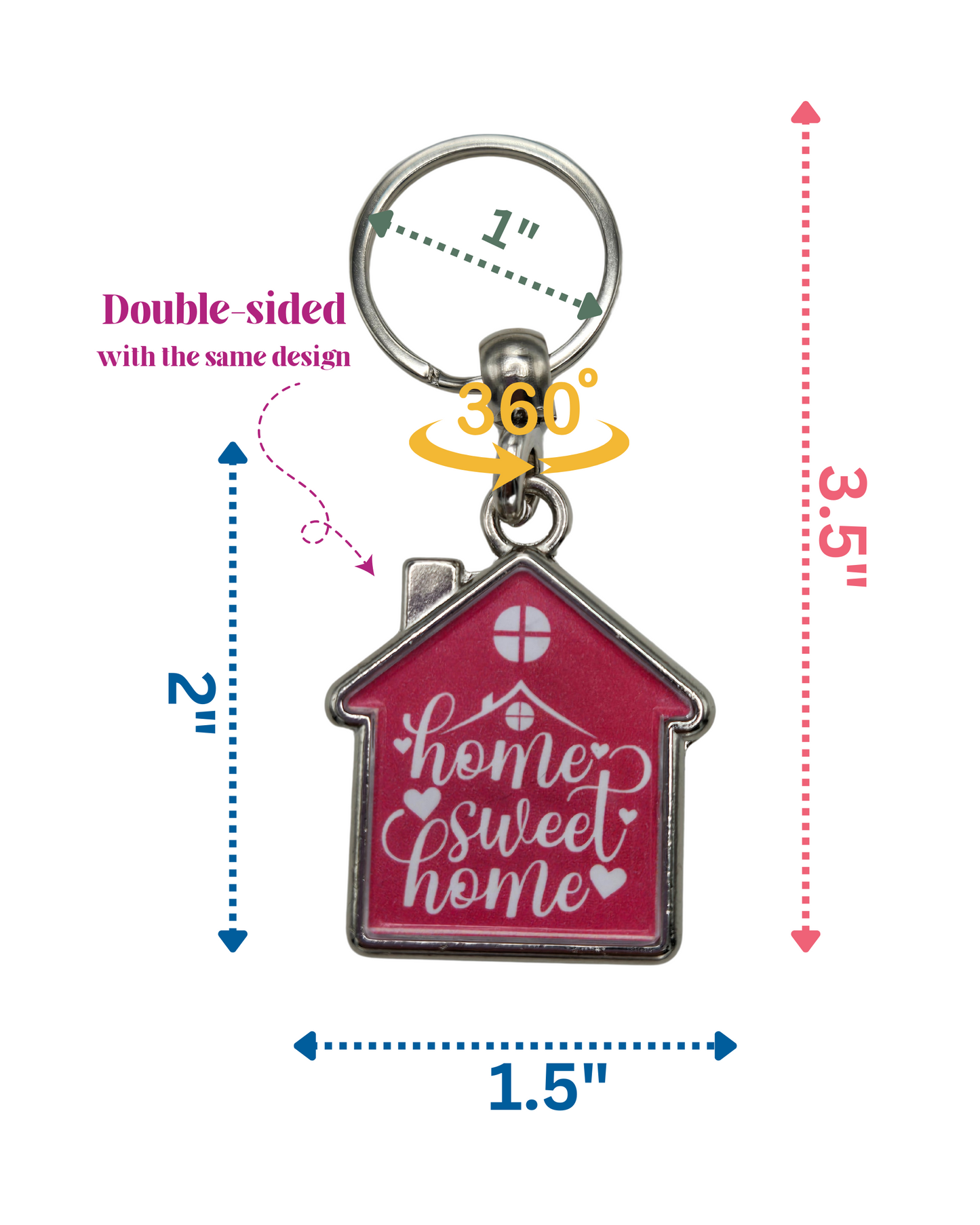 House-Shaped Keychain - Home Sweet Home Designs, Double-Sided Heavy Metal Keyring 360° Rotation, Gift for Home Lovers