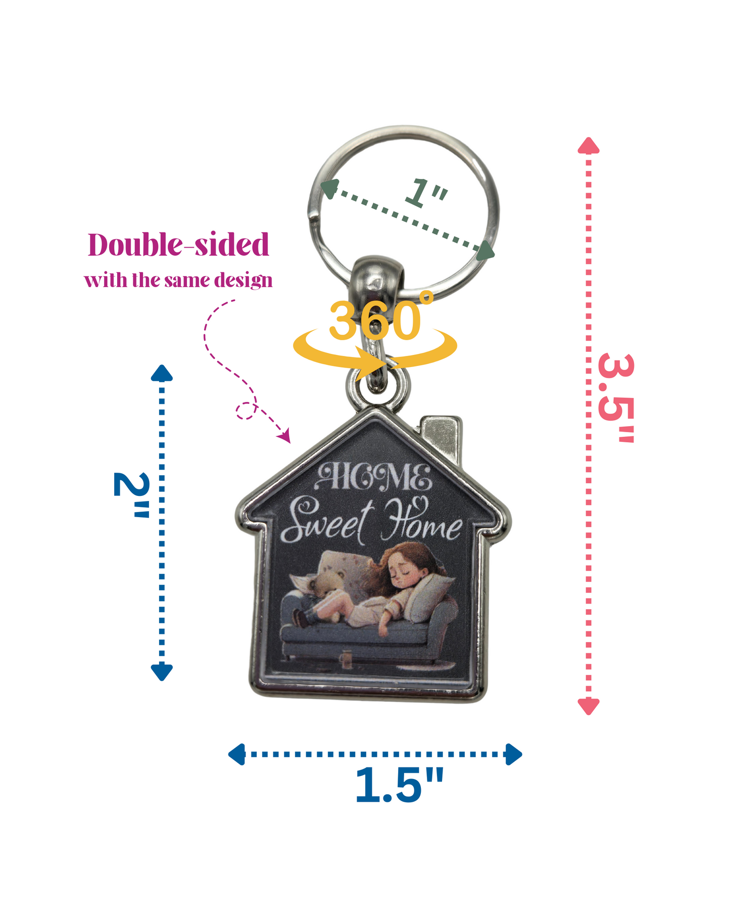 House-Shaped Keychain - Home Sweet Home Designs, Double-Sided Heavy Metal Keyring 360° Rotation, Gift for Home Lovers