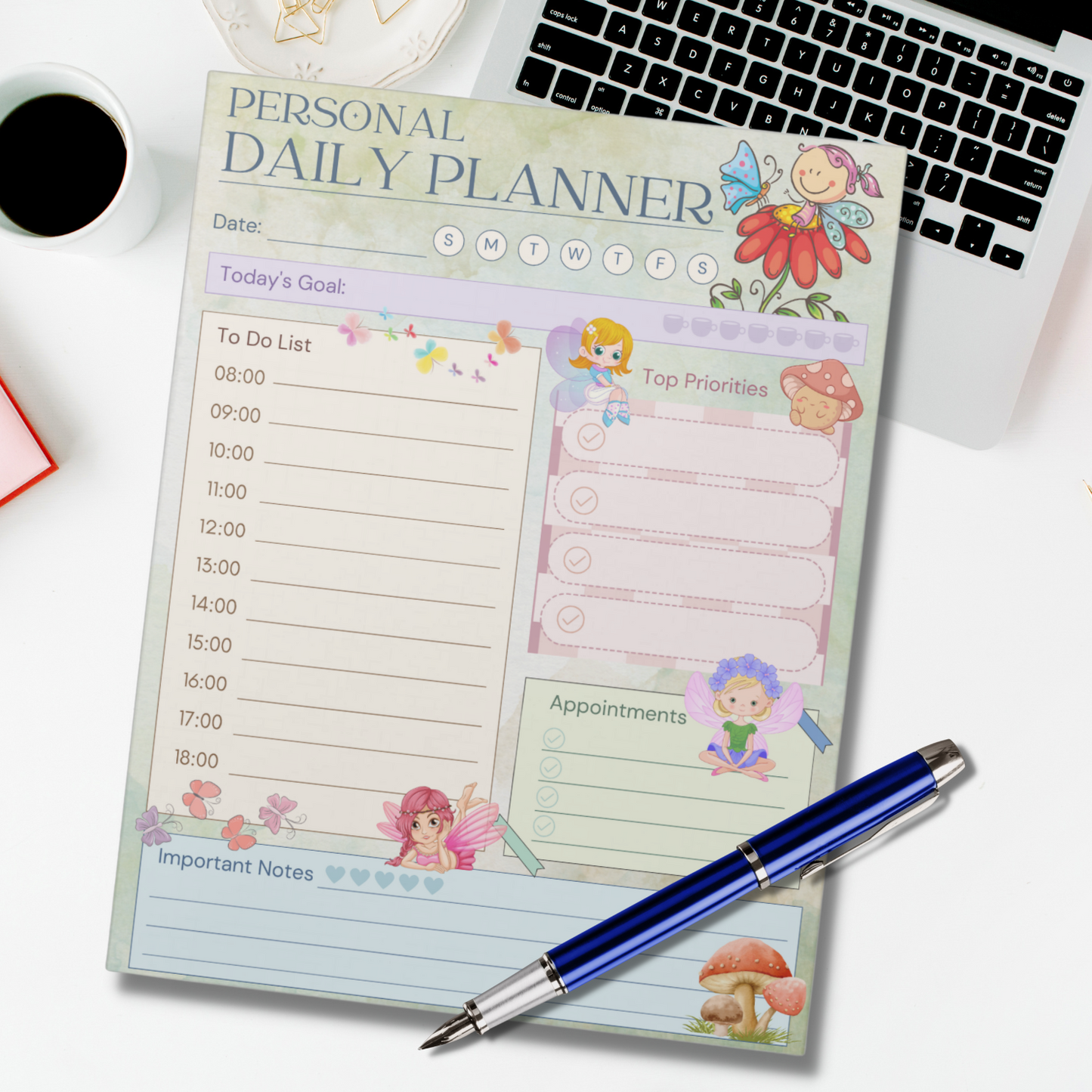 Notepad (Large) | Personal Daily Planner Fairy Butterfly Mushroom