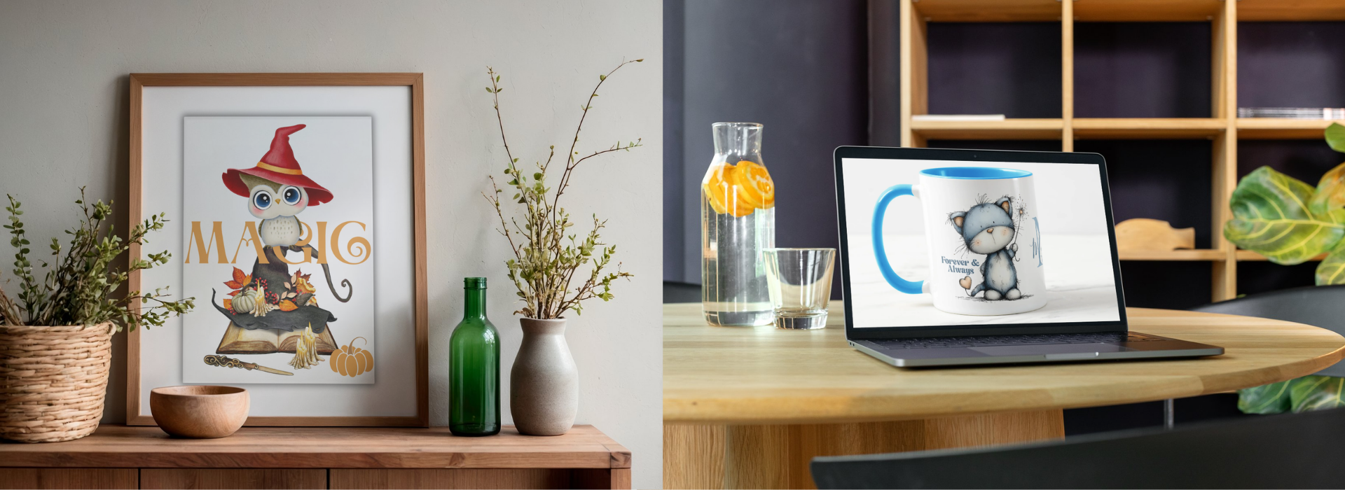 A split-screen lifestyle scene showing a framed autumn-themed owl illustration print on a wooden shelf, and a laptop on a desk displaying a matching printed mug design in a home office setting.