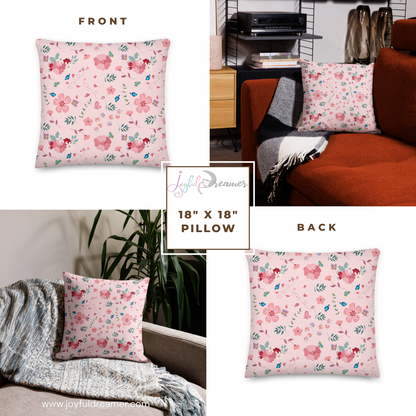 Premium Pillow | 18″×18″, 20″×12″, 22″×22″ | Pink Floral Butterfly Themed