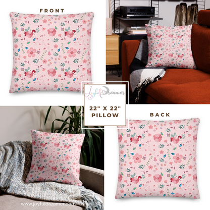 Premium Pillow | 18″×18″, 20″×12″, 22″×22″ | Pink Floral Butterfly Themed