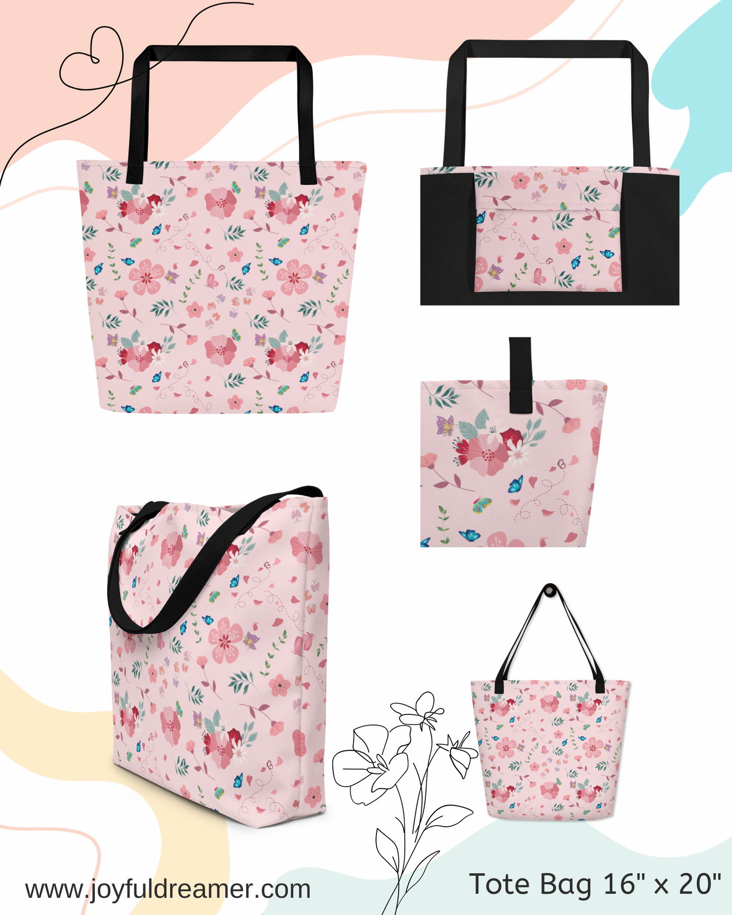 Large Tote Bag 16" x 20" | Pink Floral Butterfly Themed