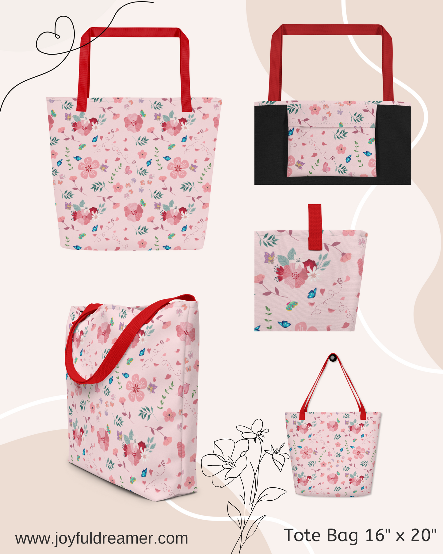 Large Tote Bag 16" x 20" | Pink Floral Butterfly Themed