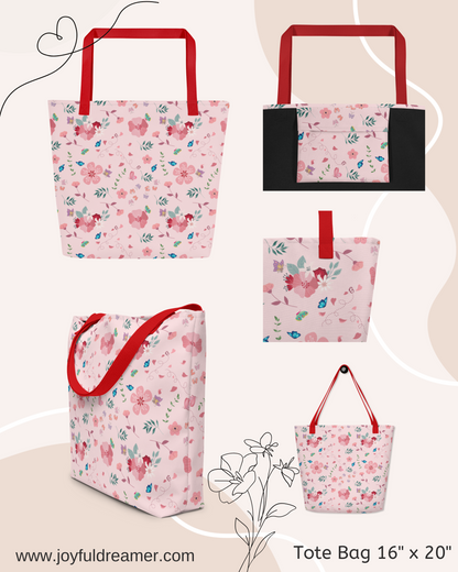 Large Tote Bag 16" x 20" | Pink Floral Butterfly Themed