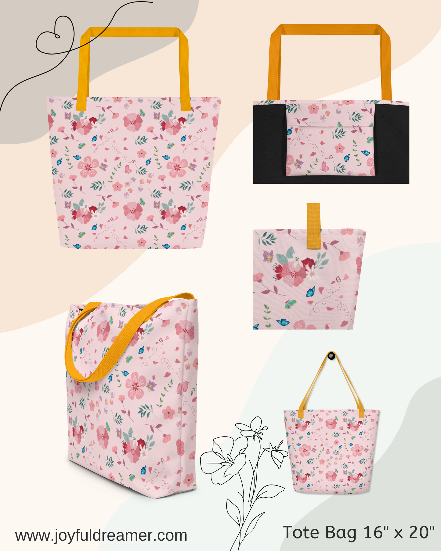 Large Tote Bag 16" x 20" | Pink Floral Butterfly Themed