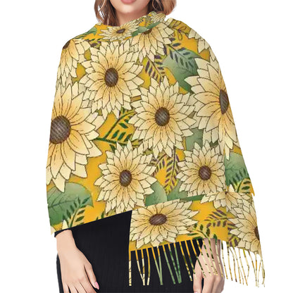 Fringed Scarf | Bold Floral Design Yellow Sunny Sunflower Garden