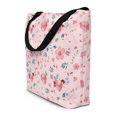 Large Tote Bag 16" x 20" | Pink Floral Butterfly Themed