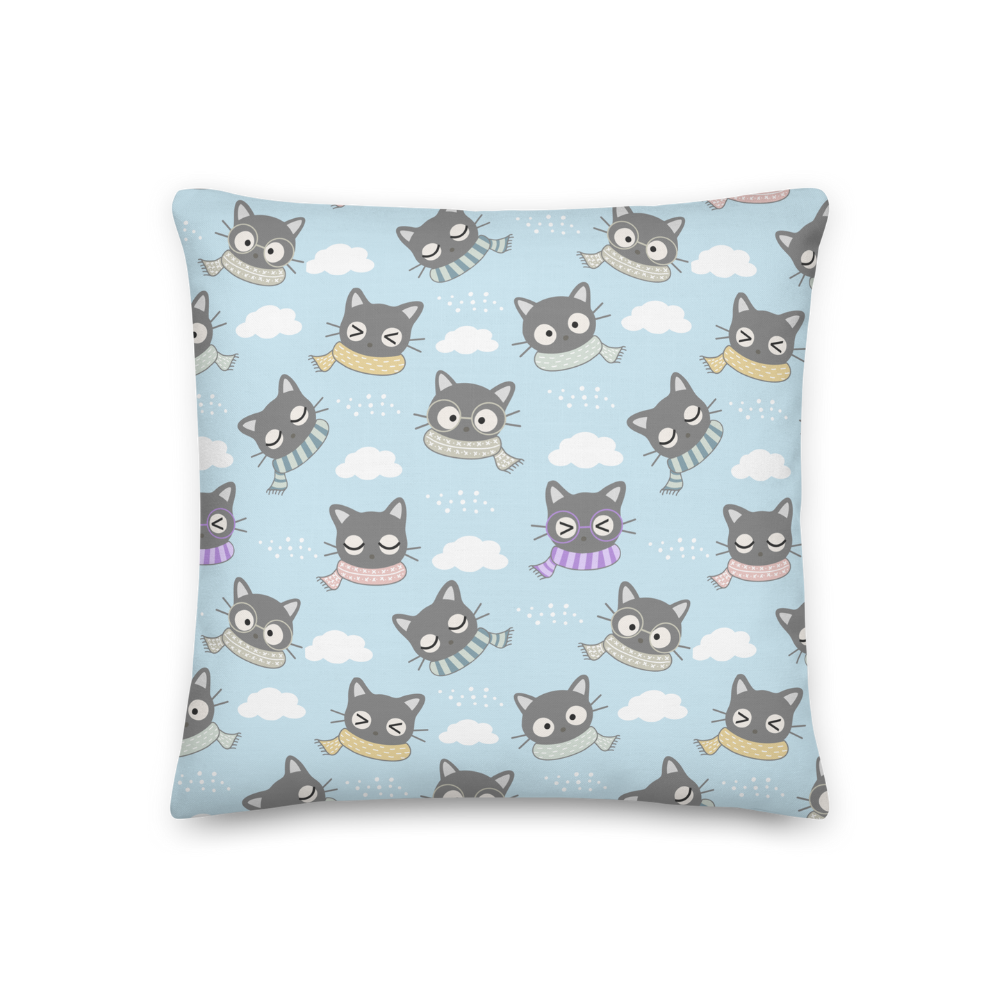 Premium Pillow | 18″×18″, 20″×12″, 22″×22″ | Gray Cat with Scarf in the Cloud