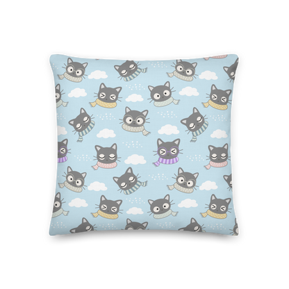 Premium Pillow | 18″×18″, 20″×12″, 22″×22″ | Gray Cat with Scarf in the Cloud