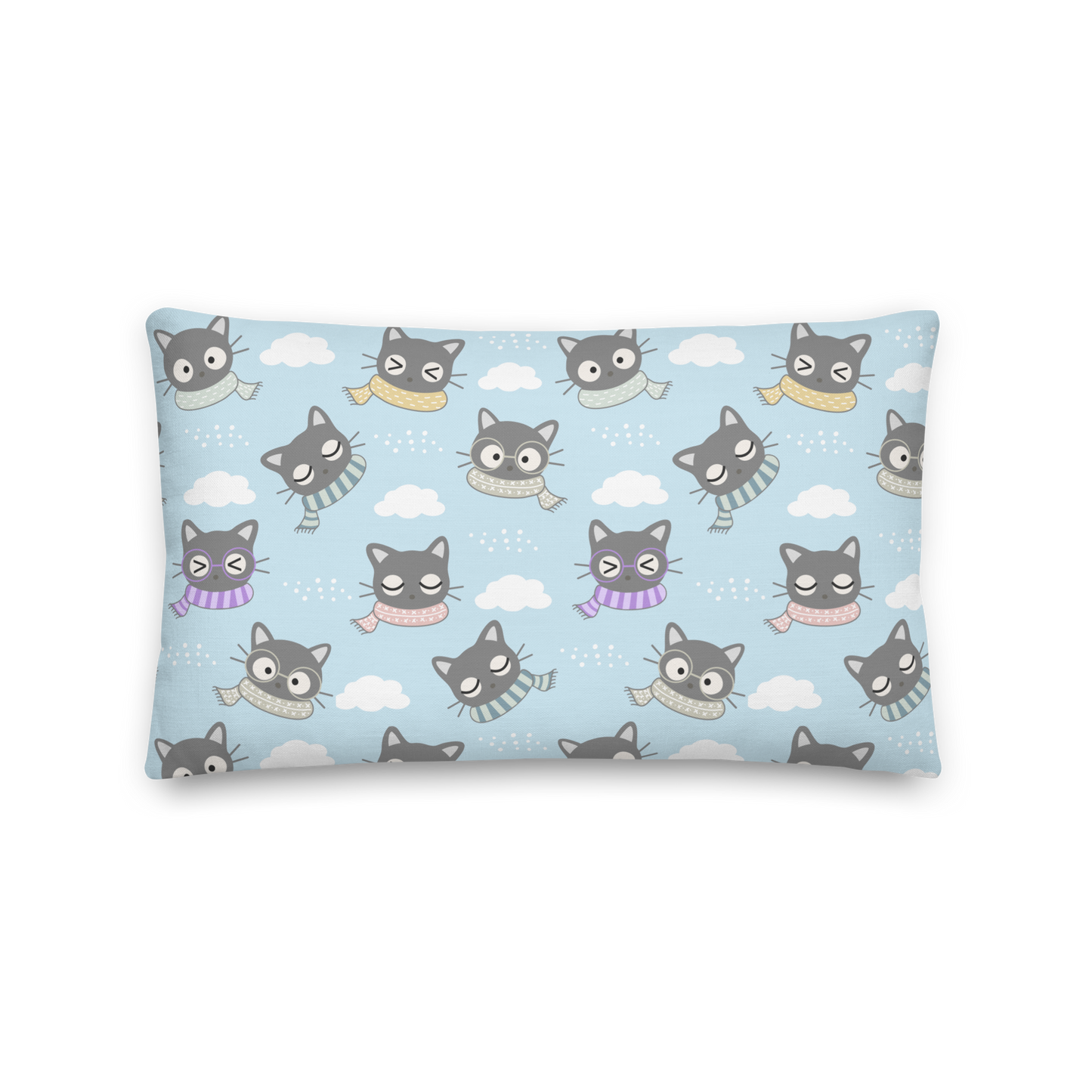 Premium Pillow | 18″×18″, 20″×12″, 22″×22″ | Gray Cat with Scarf in the Cloud