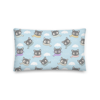 Premium Pillow | 18″×18″, 20″×12″, 22″×22″ | Gray Cat with Scarf in the Cloud