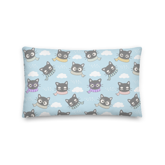 Premium Pillow | 18″×18″, 20″×12″, 22″×22″ | Gray Cat with Scarf in the Cloud