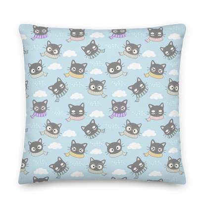 Premium Pillow | 18″×18″, 20″×12″, 22″×22″ | Gray Cat with Scarf in the Cloud