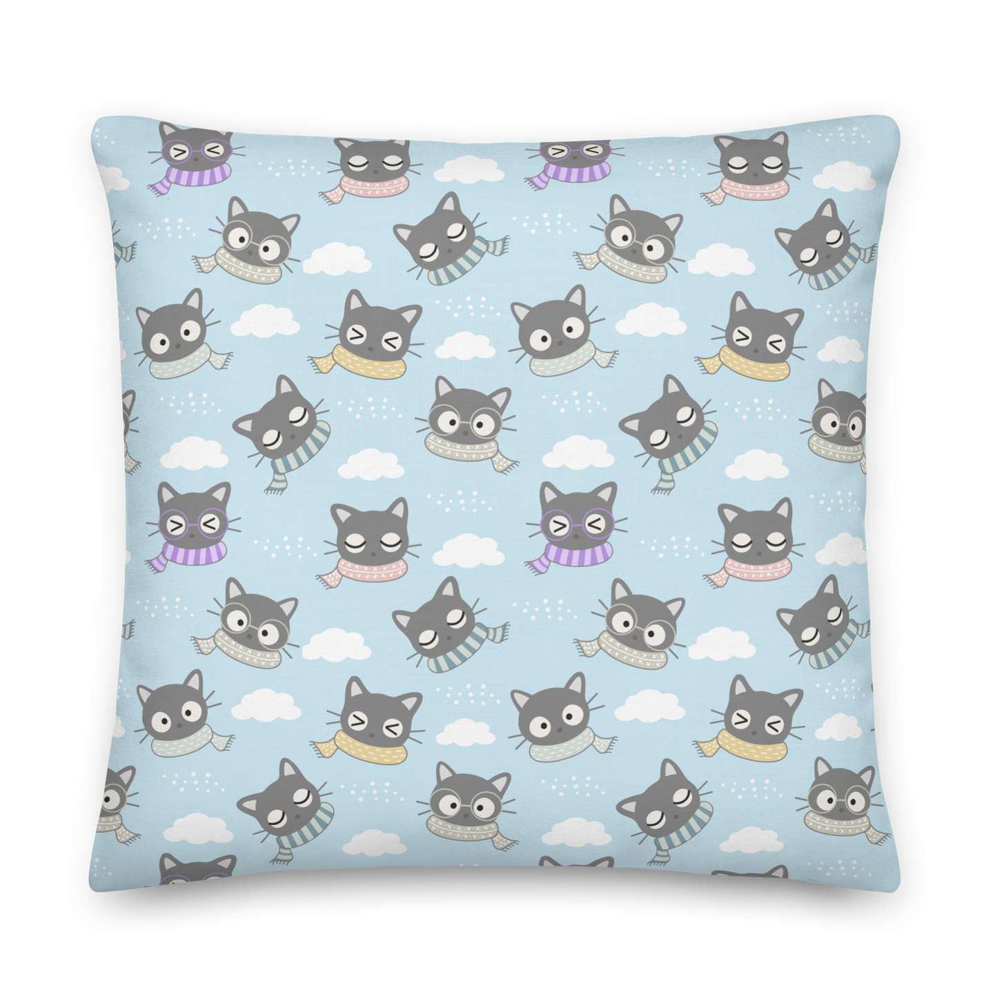Premium Pillow | 18″×18″, 20″×12″, 22″×22″ | Gray Cat with Scarf in the Cloud