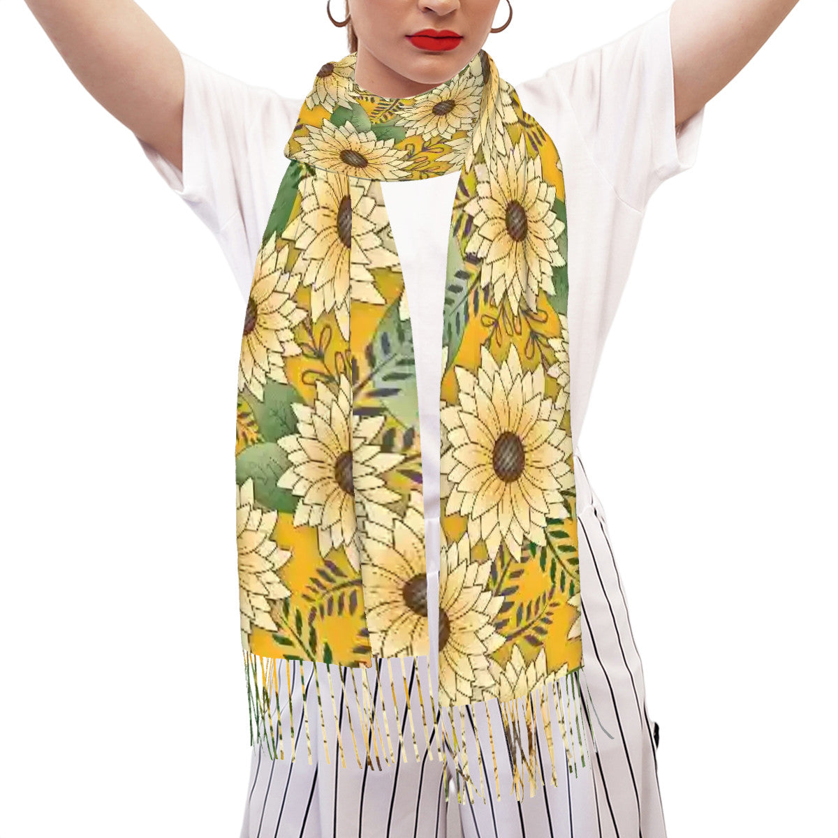 Fringed Scarf | Bold Floral Design Yellow Sunny Sunflower Garden