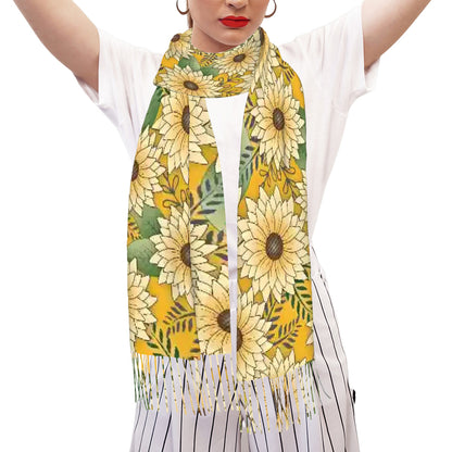 Fringed Scarf | Bold Floral Design Yellow Sunny Sunflower Garden