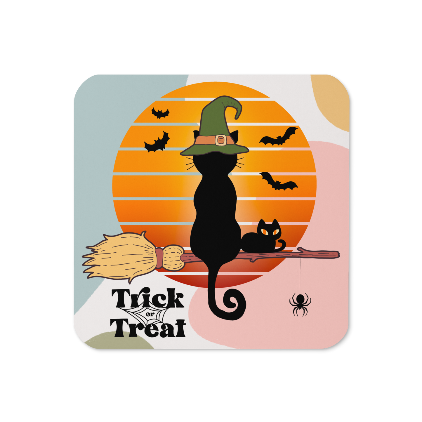 Cork-back coaster | Trick or Treat Black Cat Wearing Green Hat