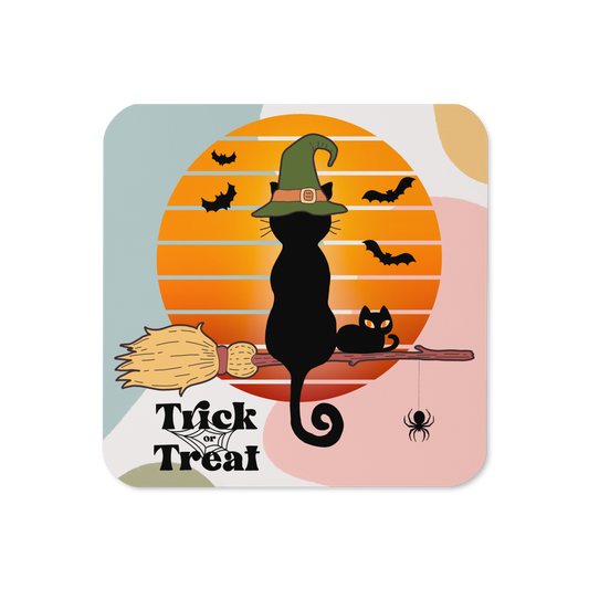 Cork-back coaster | Trick or Traeat Black Cat Wearing Green Hat