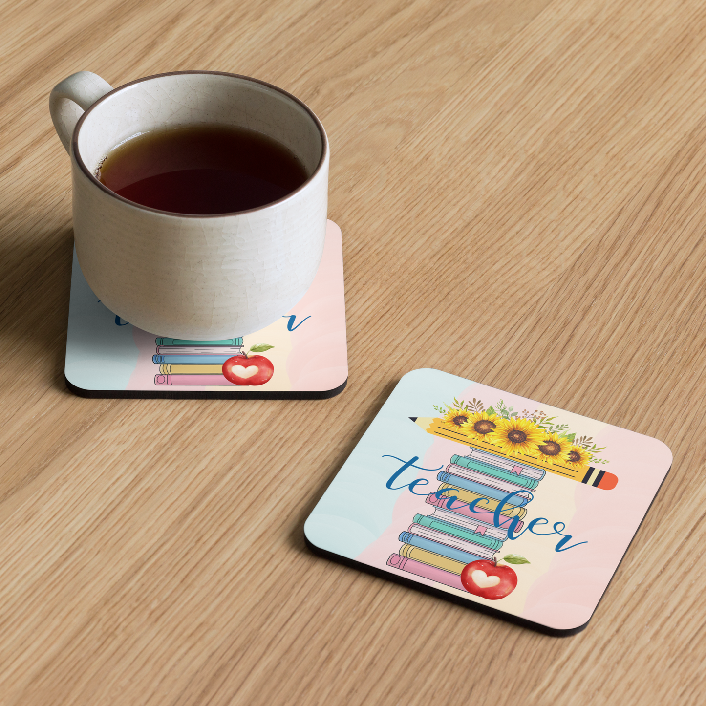 Cork-back coaster | T is for Teacher Floral Pencil Books Apple