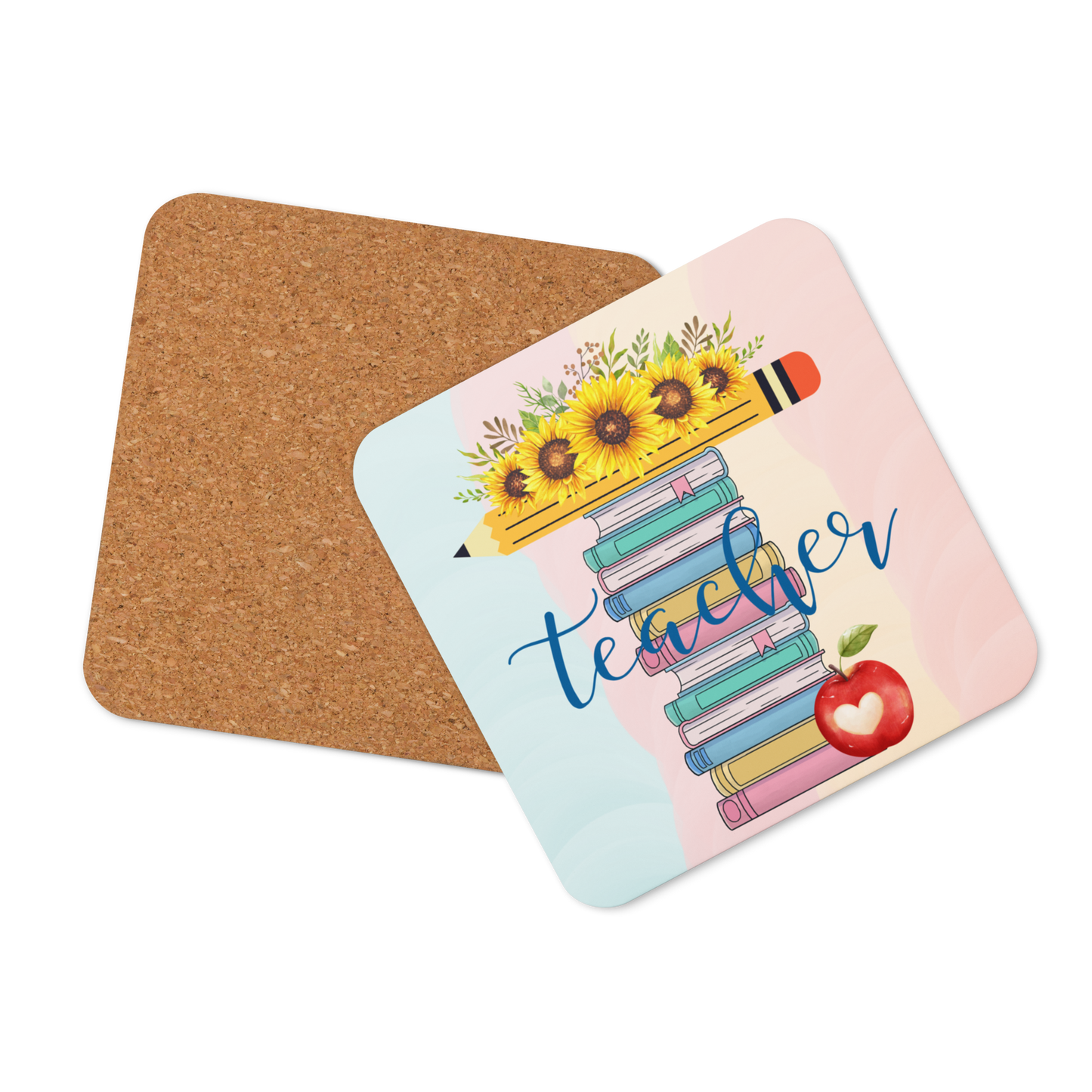 Cork-back coaster | T is for Teacher Floral Pencil Books Apple