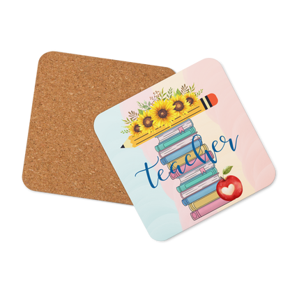 Cork-back coaster | T is for Teacher Floral Pencil Books Apple