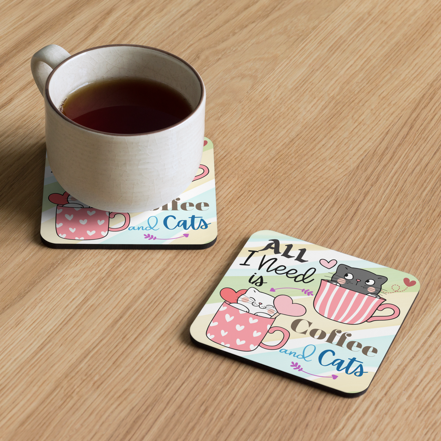 Cork-back coaster | Adorable All I Need is Coffee and Cats Themed