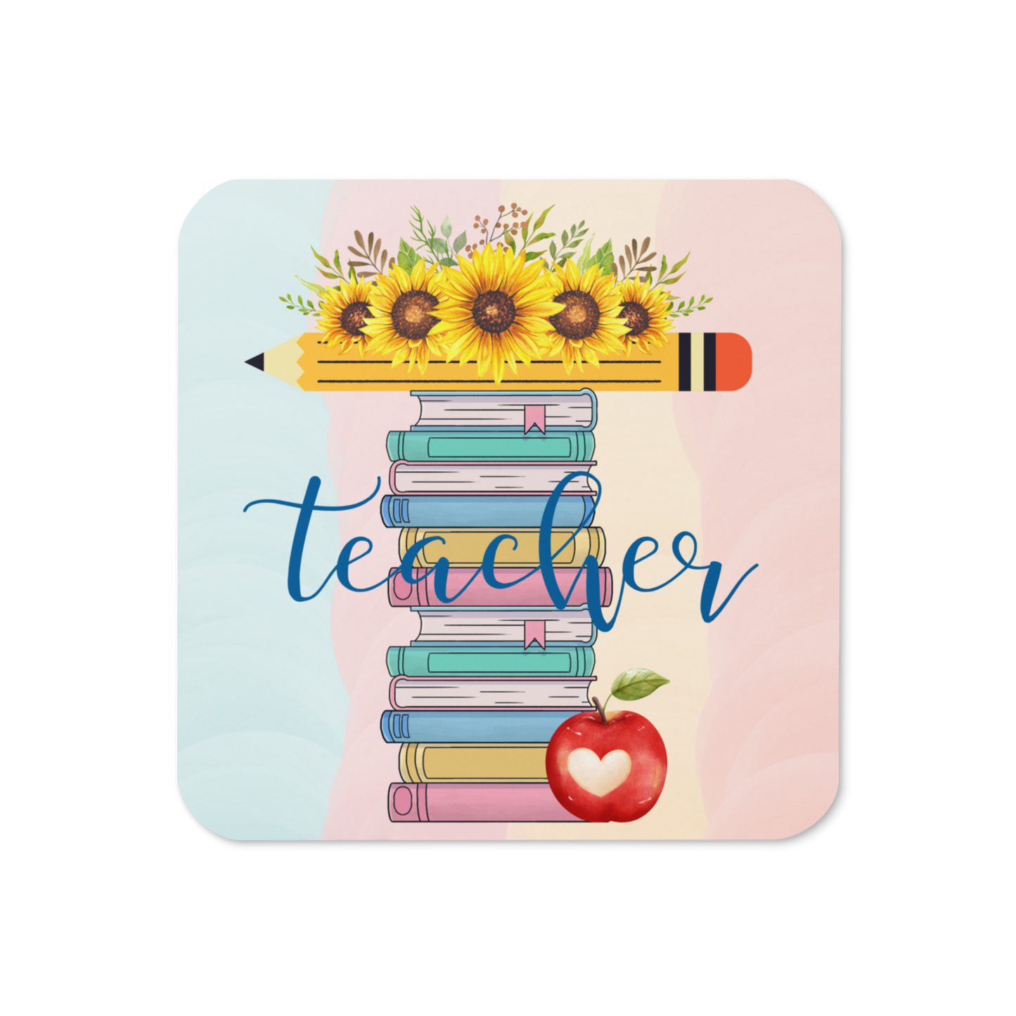 Cork-back coaster | T is for Teacher Floral Pencil Books Apple