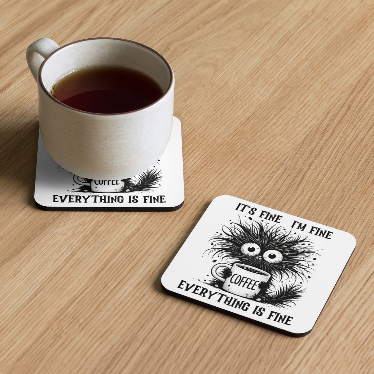 Cork-back coaster | Everything is Fine Black Cat Coffee