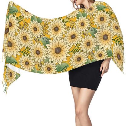 Fringed Scarf | Bold Floral Design Yellow Sunny Sunflower Garden