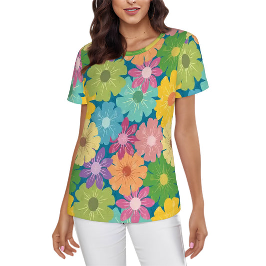 Women's Short Sleeves T-Shirt | Vibrant Daisy Floral Block Prints Design