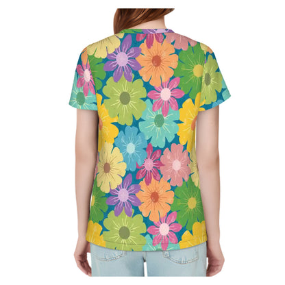 Women's Short Sleeves T-Shirt | Vibrant Daisy Floral Block Prints Design