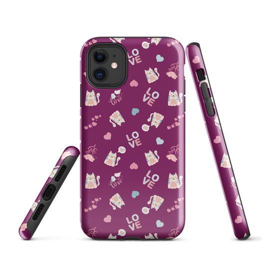 Tough case for iPhone 11, 12, 13, 14, 15, 16 Variations | Adorable Cat Love Theme